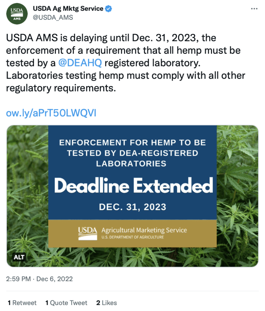 USDA Delays DEARegistered Lab Requirement For Hemp Testing U.S. Hemp